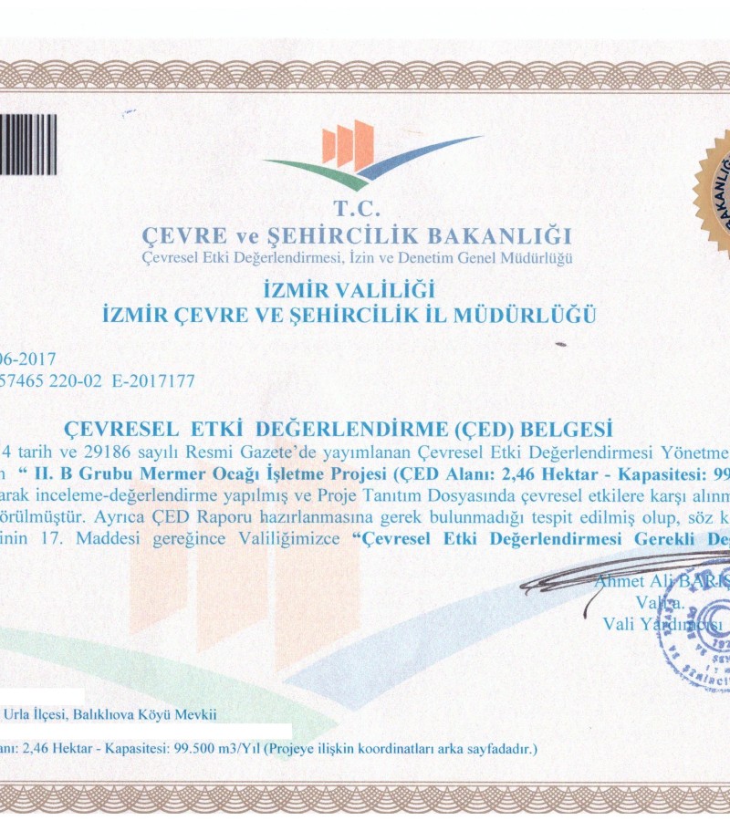 BALIKLIOVA MERMER SAHASI RUHSAT SATIŞI
